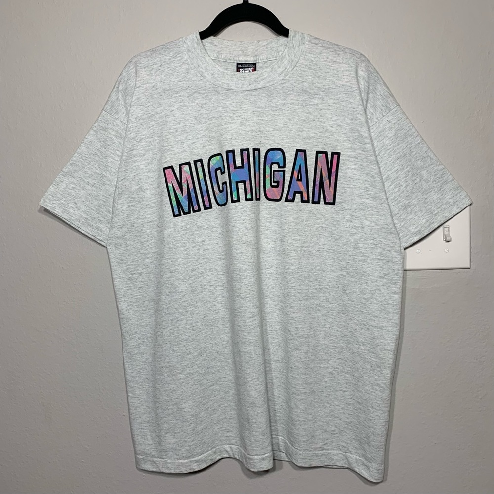 Vintage 90s‎ Michigan Colorful Print Single Stitch Tee Gray Size XL
